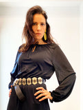 1970s black cinch waist midi dress closeup