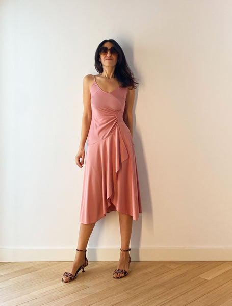 1970s pink wrap disco dress front