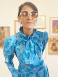 Blue silk printed midi dress closeup