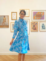 Blue silk printed midi dress