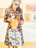 1960s silk satin printed lady dress closeup