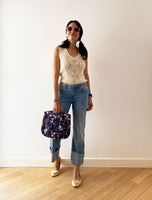 Sleeveless Roses Knit Top with Jeans