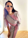 1980s Pink & Gray Side-tie Dress Closeup